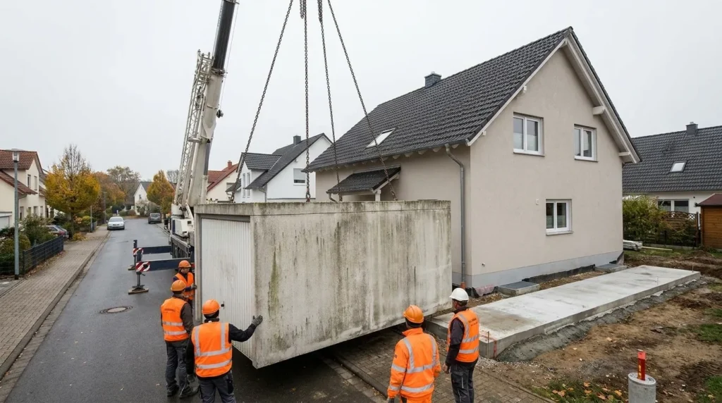 Betonfertiggarage wird mit einem Kran neben einem Einfamilienhaus abgeladen