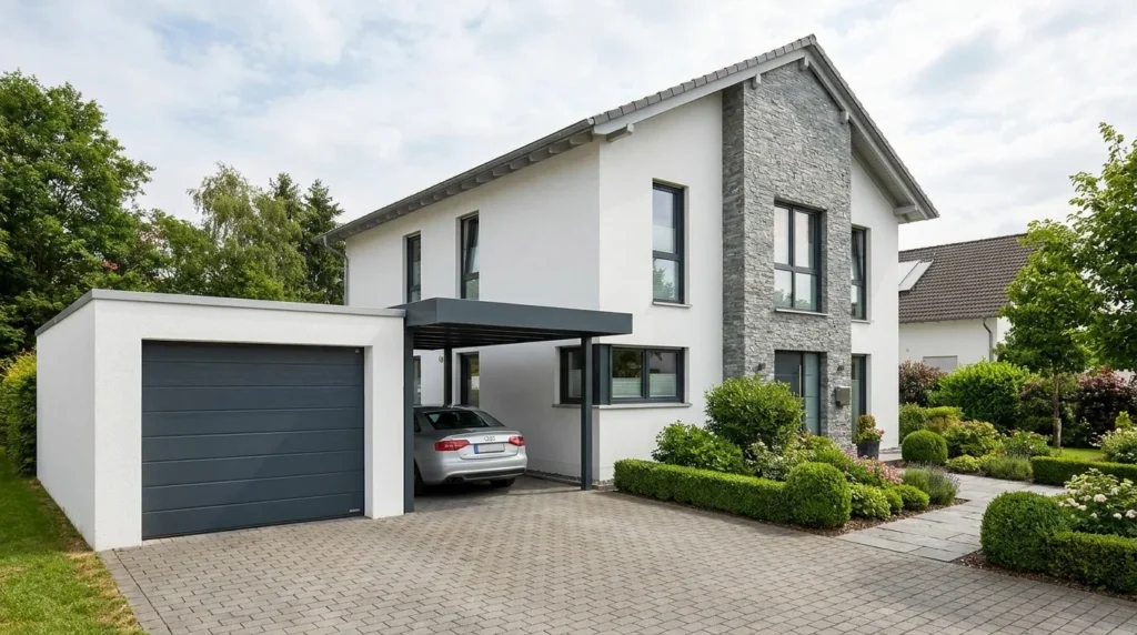 Einfamilienhaus mit Fertiggarage und Carport nebeneinander