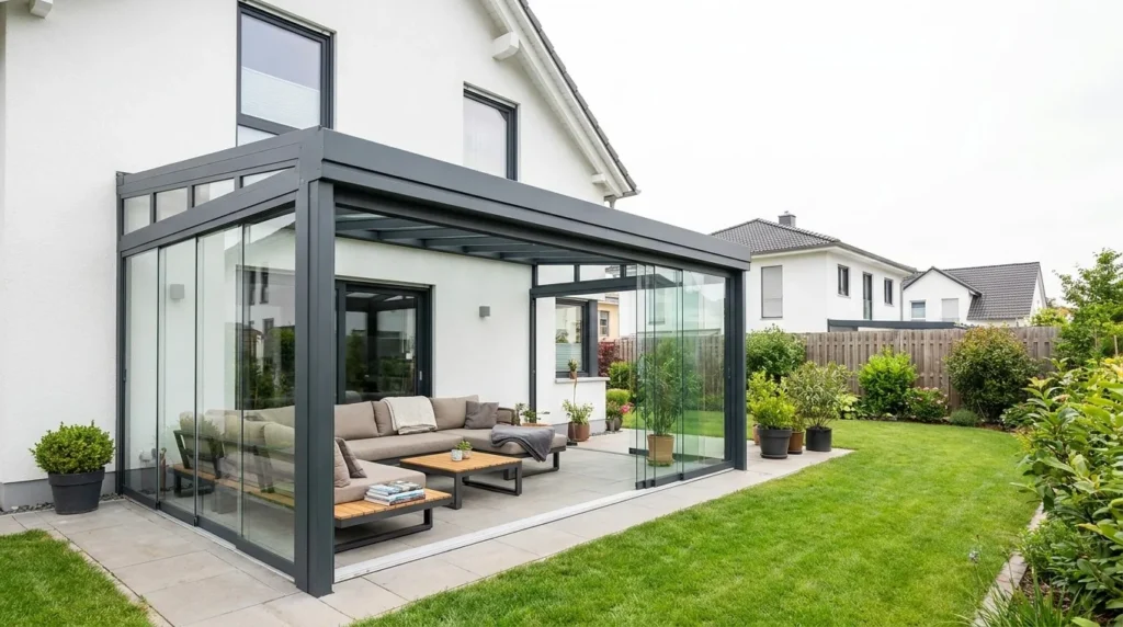 Kaltwintergarten aus Aluminium mit Glasschiebewänden an einem Einfamilienhaus