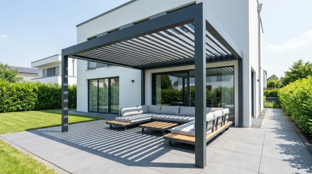 Lamellendach aus Aluminium mit halb geöffneten Lamellen über einer Lounge-Terrasse