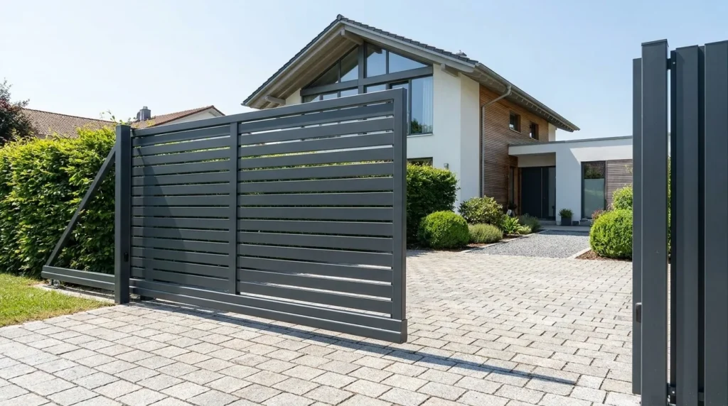 Freitragendes Schiebetor aus Aluminium vor einer gepflasterten Hofeinfahrt