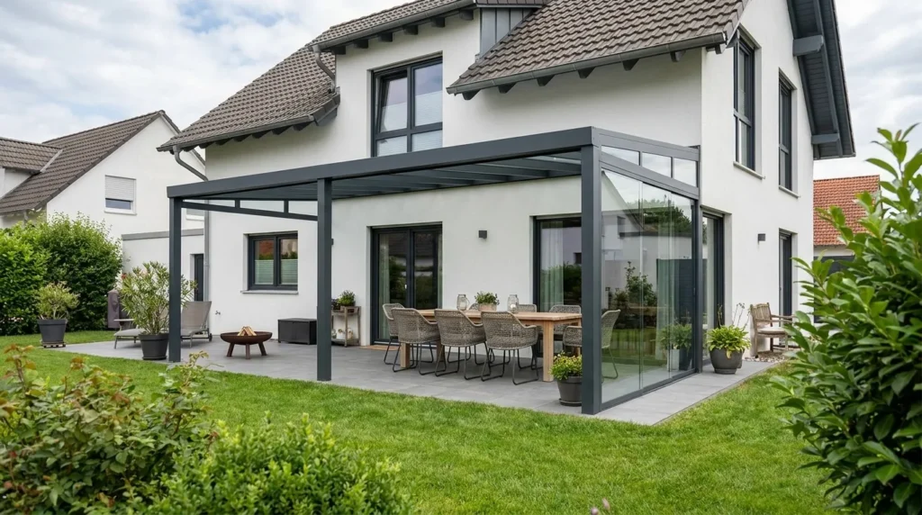 Terrassenüberdachung aus Aluminium mit Glasdach und Glas-Seitenwand an einem Einfamilienhaus