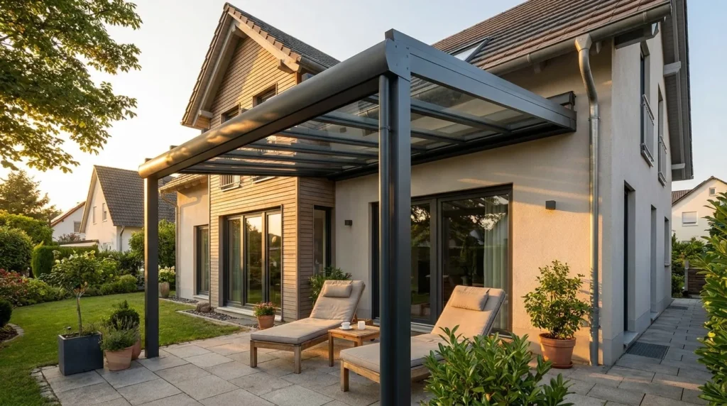 Terrassenüberdachung aus Aluminium mit Glasdach an einem Einfamilienhaus
