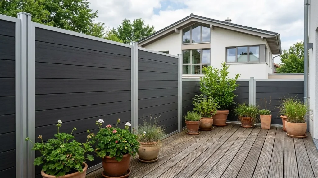 WPC-Sichtschutzzaun in Anthrazit mit Aluminiumpfosten neben einer Holzterrasse