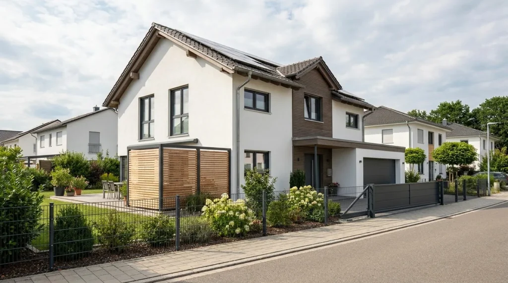 Einfamilienhaus mit Gartenzaun, Sichtschutz an der Terrasse und Schiebetor an der Einfahrt