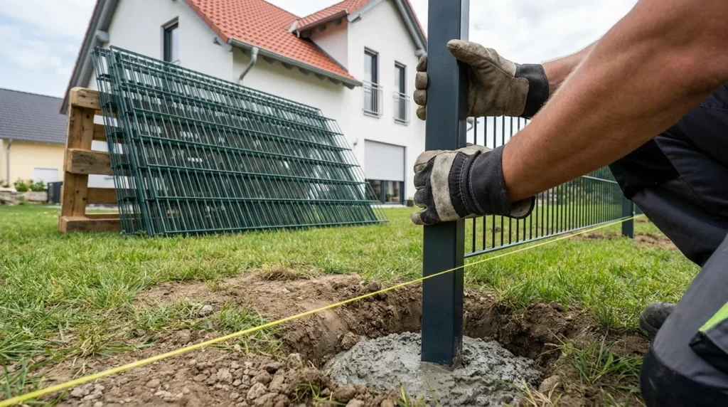 Monteur betoniert einen Zaunpfosten für einen Doppelstabmattenzaun ein